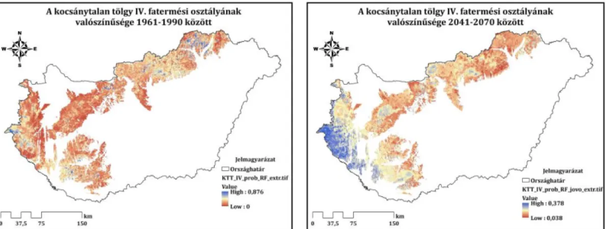 Figure 3: 3rd yield class probability map of sessile oak for the period of 1961-1990 (left)   and 2041-2070 (right)