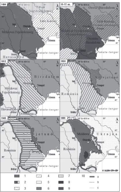 1. ábra: A Moldovai Köztársaság mai területének határváltozásai a 14. századtól napjainkig Boundary changes on the contemporary territory of the Republic of Moldova since the 14th century