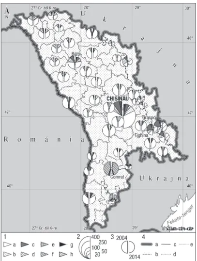3. ábra: A Moldovai Köztársaság etnikai összetétele rajonok szerint 2004–2014-ben The ethnic composition of the Republic of Moldova, by raions (2004–2014)
