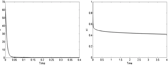 Figure 5.1: Time evolution of functions x (on the left) and ξ (on the right).