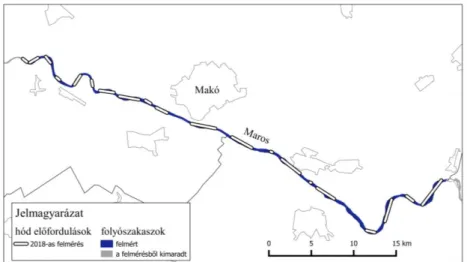 3. ábra. Hód előfordulások a Maros mentén (10,7–50,1 fkm) a 2018-as felmérés alapján. 