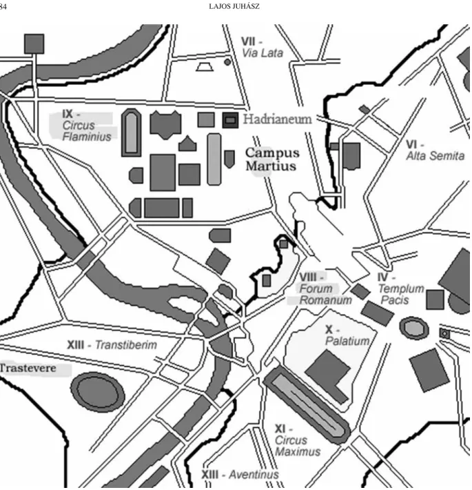 Fig. 1. Map of the ancient Campus Martius with the Hadrianeum (Modified by the author - original from Joris   https://commons.wikimedia.org/wiki/File:Plan_Rome-_Tempel_van_Hadrianus.png)