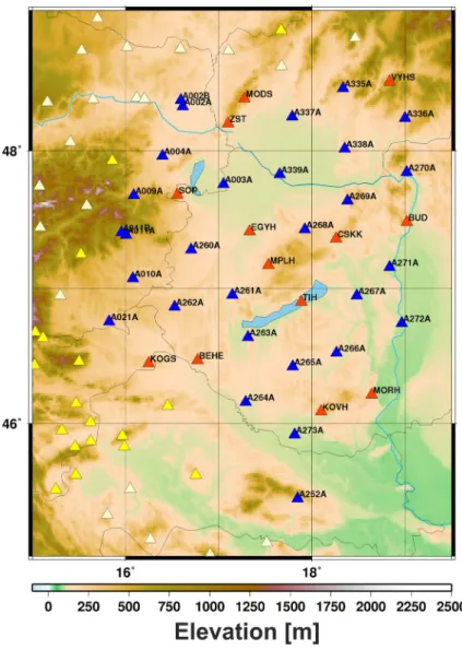 Fig. 1    The map shows the seismic network in the West Pannonian Basin. The red triangles represent per- per-manent stations and the blue triangles represent temporary AlpArray stations