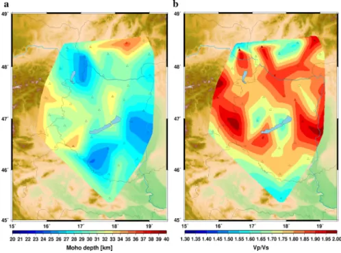 Fig. 9    Maps present the Moho depth (a) and Vp/Vs ratios (b) in the western part of the Pannonian Basin  from the receiver function analysis