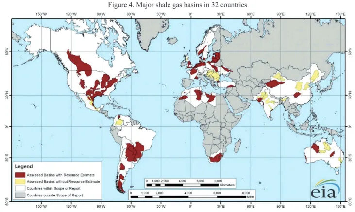 4. ábra: Nagy palagáz-medencék a Föld 32 országában  Figure 4. Major shale gas basins in 32 countries