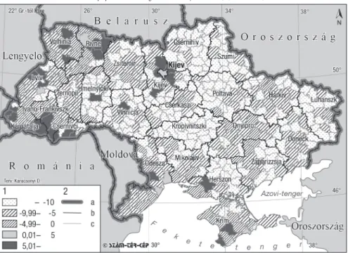 4. ábra: Teljes népességszám-változás Ukrajna járásaiban (%, 2003–2013) Total population change in raions of Ukraine (%, 2003–2013)