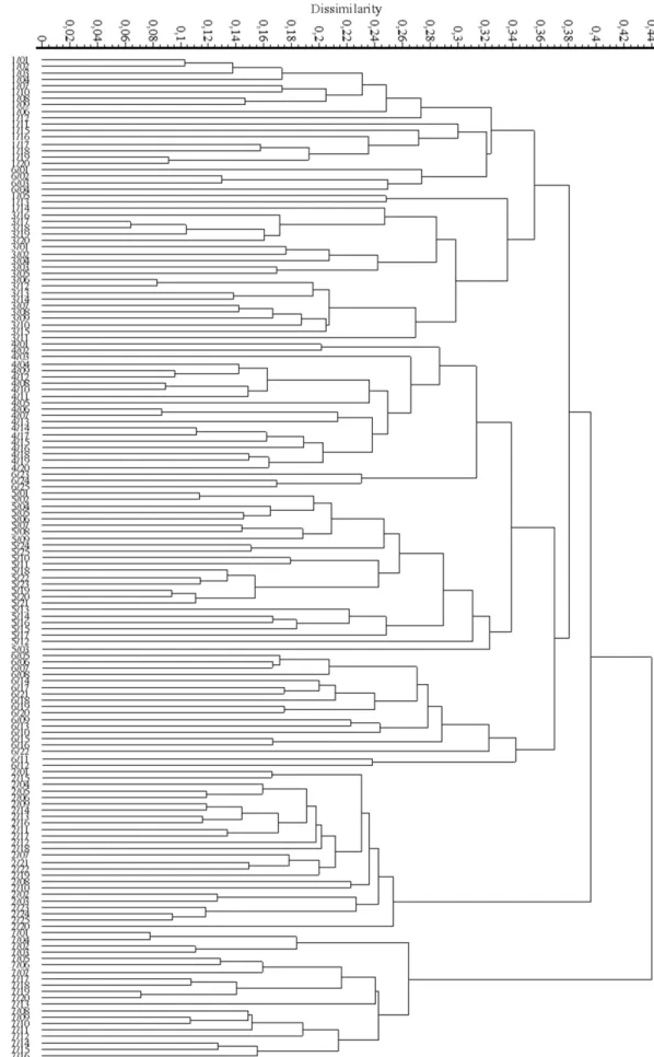 7. ábra. Cönológiai felvételek bináris dendrogramja II. (Futtatási mód: csoport átleg; Hasonlósági index: Baroni-Urbani &amp; Buser) Figure 7