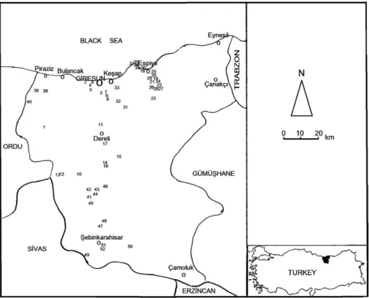 Fig. 1. Map of the collecting localities and numbers