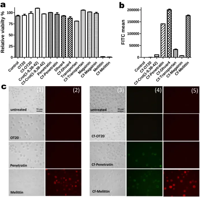 Fig. 7 Comparison of internalisation and cytotoxicity of selected peptides and their Cf-derivatives using flow cytometry  (BD LSRII) and microscopy (Olympus CKX41) performed as described in the Experimental section