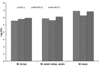 Figure 1. Effect of MB GEP ( + ) and MA GEP ( + ) on Log CFU of M. terrae, M. avium subsp.