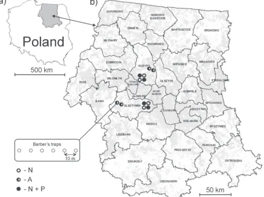 Figure 1. The location of  the study area, with the  dis-tribution of sampling sites  and traps; a: a contour map  of Poland, in which the grey  shaded area is administered  by the Regional Directorate  of State Forests in Olsztyn,  b: division into forest