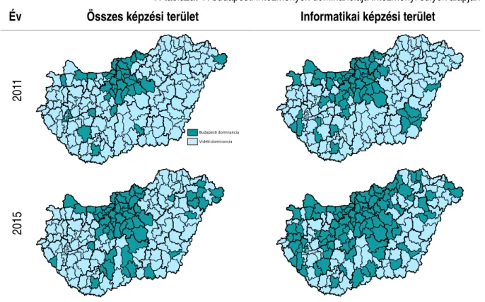 térségek között (lásd 8. táblázat).  Bár a 8. táblázat  mind  az  összes  képzési  területre,  mind  csak  az  informatikai területre fókuszálva azt mutatja, hogy a  kistérségekre  aggregált  felvételi  pontszámok   kü-lönbségei csökkennek, mégis kistérség