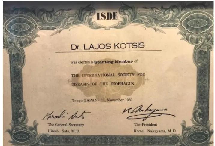 1. ábra dr. Kosits Lajos a Nyelőcső Betegségek Nemzetközi Társasága (ISDE) alapító tagja 