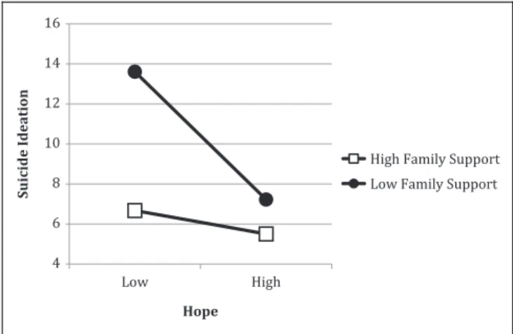 Figure 1. Suicide ideation at low and high levels of hope among Hungarian college students with low versus high family support.