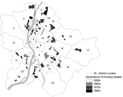 Fig. 9.8 Spatial distribution of four generations of large housing estates (1,000 or more dwellings), 2011, Budapest