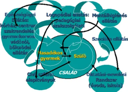 3. ábra.A hasadékos gyermekeket ellátó támogató rendszerek kapcsolódási pontjai (a tanul- tanul-mány szerzőinek folyamatábrája.) 