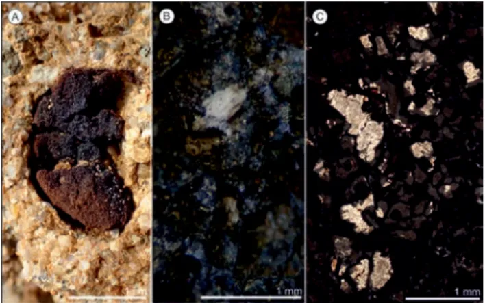 4. ábra. Fekete, porózus, Mn-oxid anyagú, eredetileg gipszhomokot is tartal - -mazó kavics a durvahomokban