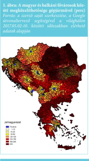 1. ábra: A magyar és balkáni fővárosok köz- köz-úti megközelíthetősége gépjárművel (perc) Forrás: a szerző saját szerkesztése, a Google  útvonaltervező segítségével a világhálón  2017.05.02-10