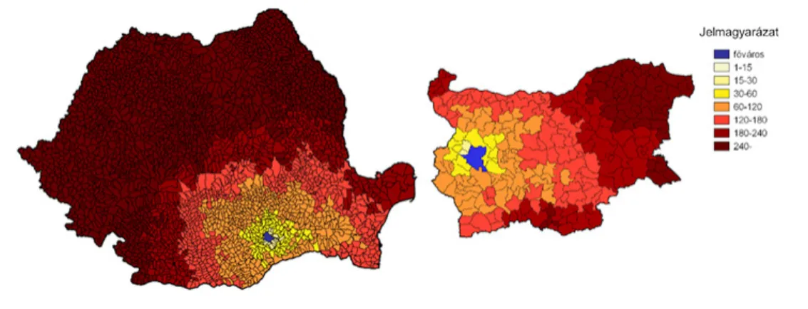 4. ábra: Periférikus közúti elérhetőséggel rendelkező fővárosok közúti elérhetősége (perc)  (balról Románia és jobbról Bulgária) 