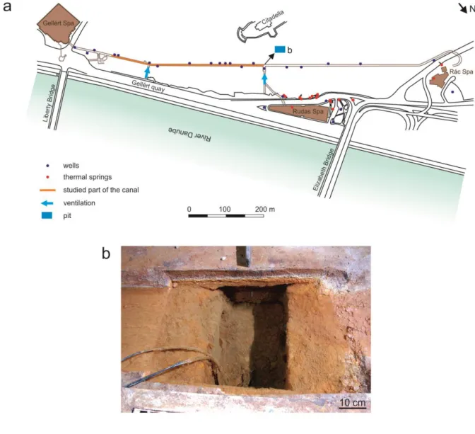 Fig. 3 (a) Route of the Gellért tunnel, with the location of spas, wells, thermal springs,  170 