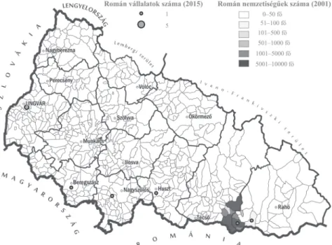 5. ábra: A romániai érdekeltségű vállalatok térbeli elhelyezkedése Kárpátalján Spatial distribution of Romanian-owned enterprises in Transcarpathia