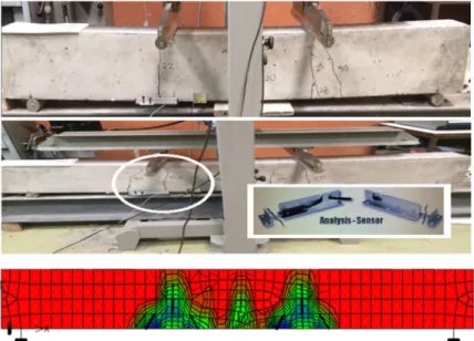 Fig. 6. Typical beam test setup and the deflections and cracks from the   experimental and analytical analysis 