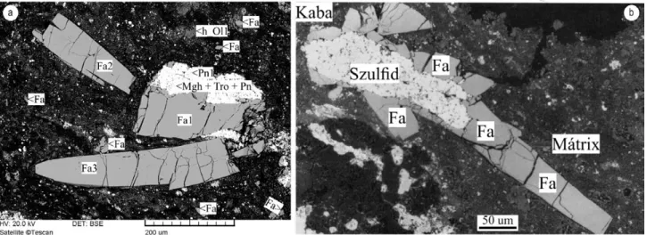 Figure 5. a) Assemblage consisting of cracked and elongated fayalite and sulphides with various chemical composition
