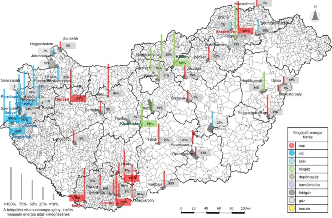 3. ábra. Magyarország településeinek területi elhelyezkedése, amelyek területén működő –  0,5 MW alatti beépített teljesítményű, nem engedélyköteles, nem háztartási méretű –  kiserőművek által termelt villamos energia aránya, meghaladja a település igényén