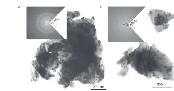 Fig. 5 – TEM images of YSZ with SAED diffraction in insert. (a) Reference before milling and (b) reference after milling