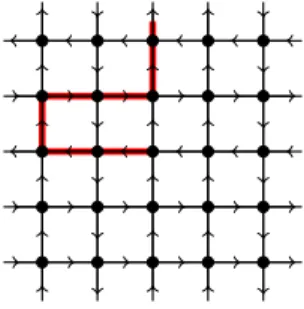 Figure 1.1. A typical initialisation of the random line directions in the Manhattan lattice with a legal path for the walker (red).