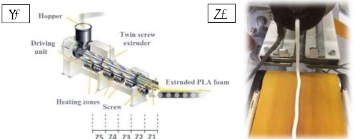 Figure 1. a) Extruder assembly used during the chemical foaming of poly(lactic-acid),      b) foam extrusion 