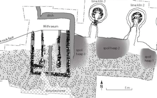 Fig. 2. Rapperswil-Jona, Kempraten: Overall map of the excavation at Zürcherstrasse 131   with the Mithraeum, three lime kilns and their associated spoil heaps as well as the excavation perimeter 