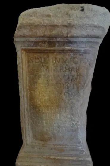 Fig. 10. Marble altar attesting the dedication of a Mithraic ipogeum by the public official Tiberius  Thermodon in the city of Volsinii; now preserved in the town of Ficulle 
