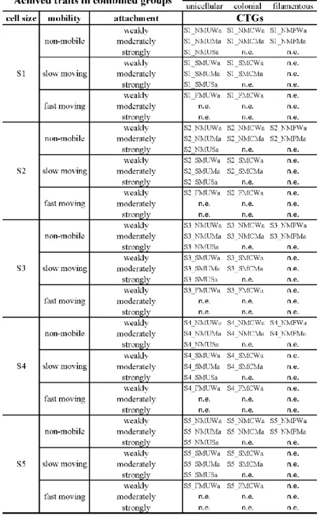 Table 2 Newly created CTGs. The abbreviation indicates the followings: S1-S5 – the cell size  categories; SM, FM and NM – the type of mobility (slow moving, fast moving and  non-mobile); U, C and F – the type of life-forms (unicellular, colonial and filame