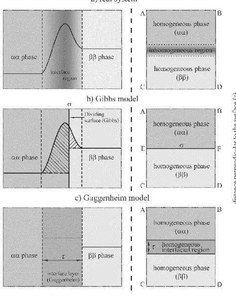 Figure 1   a) Schematic representation of the concentration profile (c i  ) of the i-th component of the  system as a function of distance (z) normal to the phase boundary in the “real system” (full line); 