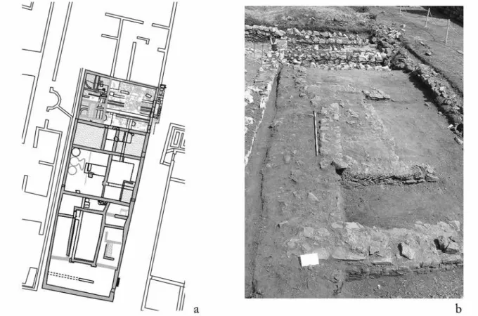 Fig. 11. Phase 8 in Building no. XXIX and excavation photo of the late Roman rooms (Photo and drawing: O