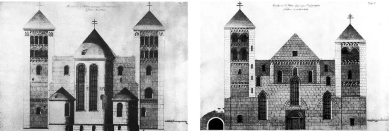 1. ábra. A székesegyház keleti és nyugati homlokzatának 18. századi felmérése (Koller József nyomán)