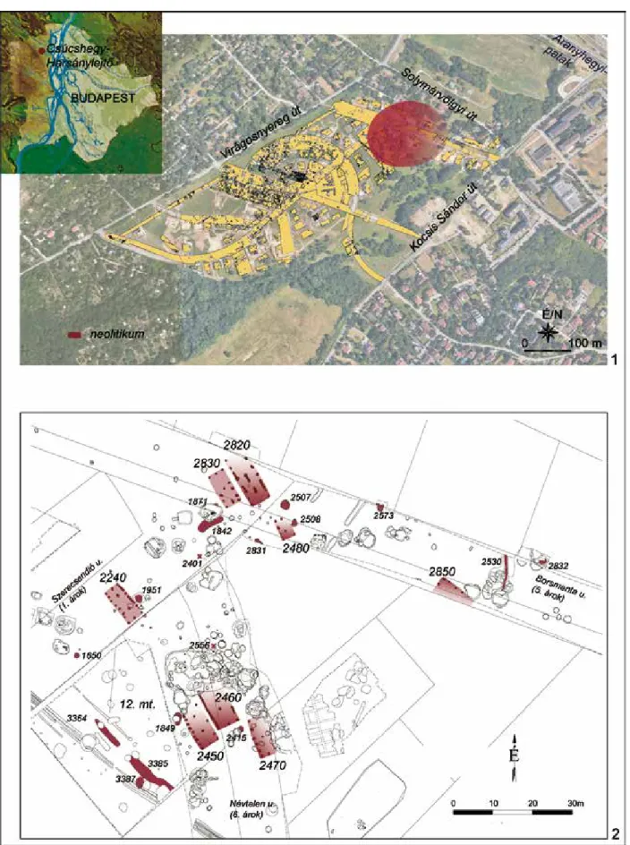 Fig.  1.  Csúcshegy-Harsánylejtő.  1.  Summary  floor  plan  of  the  excavations  till  2017,  marking  the  Neolithic  settlement; 