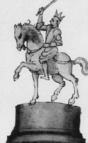8. kép A Kolozsvári testvérek váradi lovas  szobra (Georg Houfnagel tollrajza, 1598). (Wien,  Österreichische Nationalbibliothek, Handschriften 