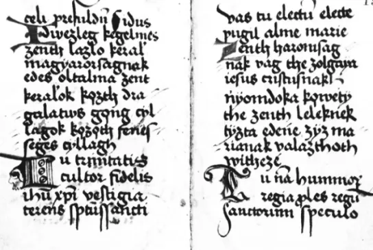 9. kép A Peer-kódexben fennmaradt Szent László-ének  (Budapest, oSZK, Nye. 12. Fol 154v–155r.)
