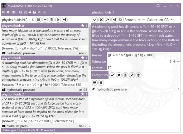 Figure 2. The user interface of Yggdrasil with the active catalogue in the left panel and the question being edited in the right panel