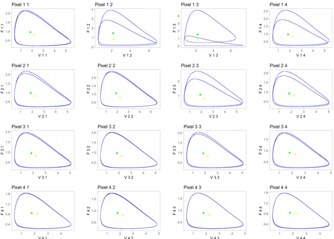 Figure 4.4: The limit cycles on the phase plane plots of the system (2.2) for antibody populations F i,j versus antigen populations V i,j , i, j = 1, 4