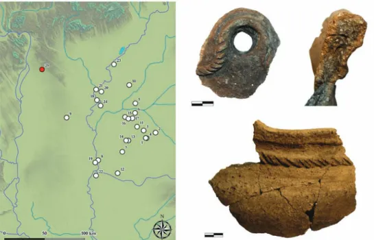 Fig. 10. Late Sarmatian–Hunnic-period cauldrons in the Hungarian Plain (white dots: cauldrons of  slow wheel-thrown, mica-tempered coarse ware, red dot: cauldrons of Üllő-type gritty grey ware).
