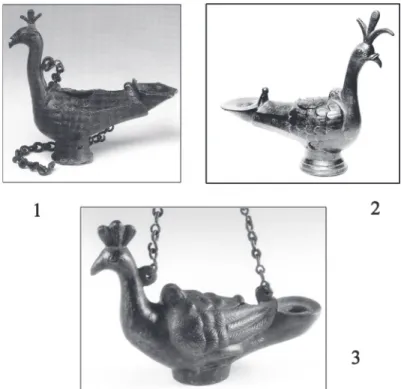 Fig. 7. Early Byzantine metal oil lamps depicting peacock. 1: Egypt, State Hermitage Museum (according to з алесская  2006, № 276);  