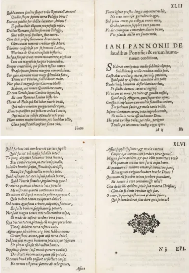 Abb. 2ab: Beginn und Schluss des Gedichts des Aurelio Lippo Brandolini in der Janus Pannonius-Ausgabe des Sambucus, Wien 1569, XLII r –XLVI r