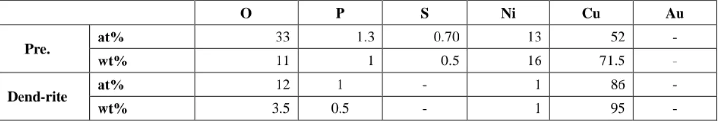 Table 2. EDX results from the dendrite (Fig 9) and precipitate (Fig 10) in case of 1mM Na 2 SO 4  after WD test