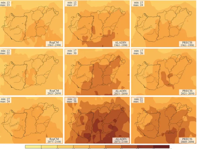 Fig. 6. Average length of the annual longest unbroken (dry) period of precipitation with  below 1 mm per day during growing season ( LDP B g 1 _ GS , day) in Hungary calculated with  the ‘int’ method