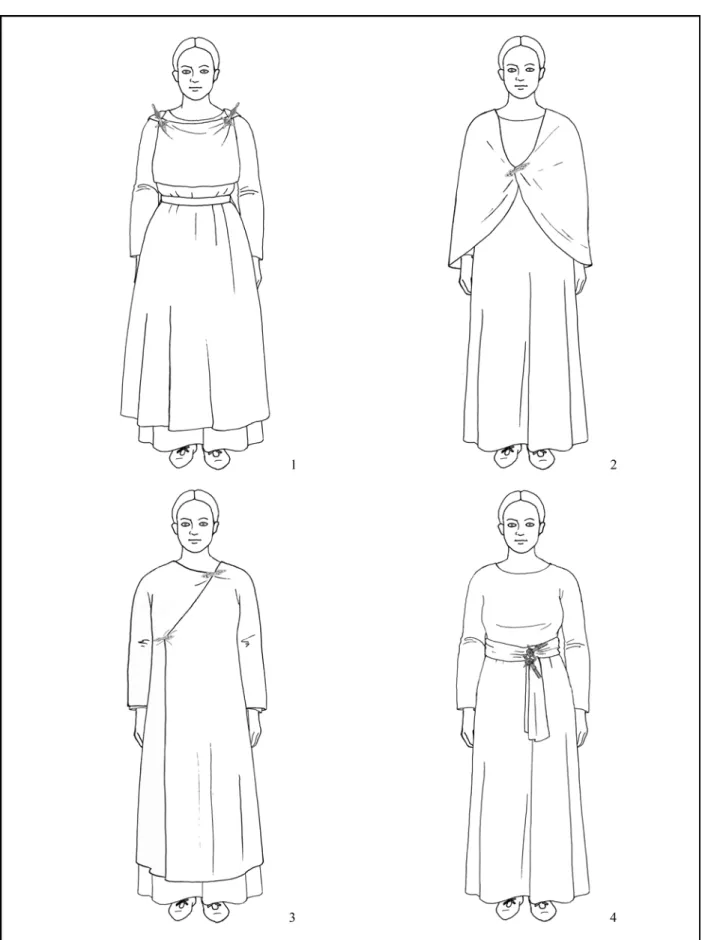 2. kép. 5. századi női ruhatípusok rekonstrukciói. 1: peplos; 2: köpeny; 3: ferdén záródó ruha; 4: tunica (rajz: Éber Magda) Fig