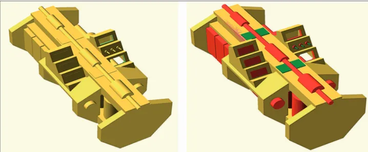 13. ábra. Az elektromágneses gyorsító vázszerkezetének, és az abban található eszközök virtuálisan összeszerelt 3D-s  modellje egyszínű (bal oldal) és színezett (jobb oldal) változatban