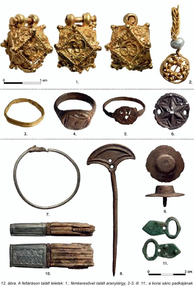 12. ábra. A feltáráson talált leletek: 1.: fémkeresővel talált aranytárgy, 2-3. ill. 11.: a korai sánc padkájának  feltöltődésében talált aranytárgyak és bronzcsat
